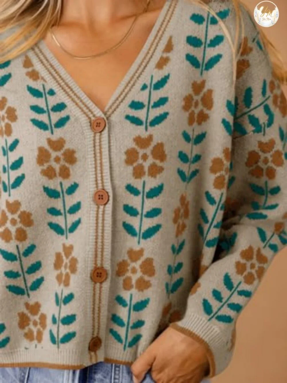 Floral Print V-Neck Cardigan Open Front Knit Sweater Long Sleeve Loose